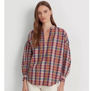 Lauren Ralph Lauren Top Blouse Women's XS Red Blue Plaid Tie-Neck Black Label